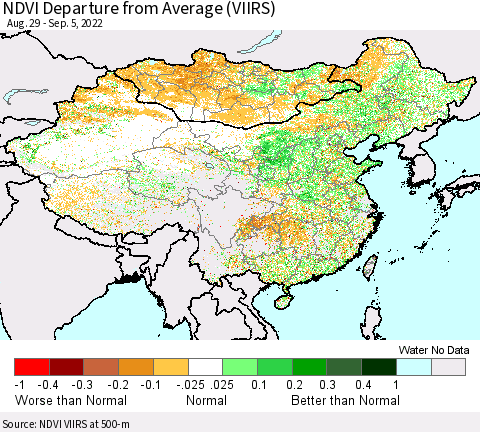 China, Mongolia and Taiwan NDVI Departure from Average (VIIRS) Thematic Map For 8/29/2022 - 9/5/2022