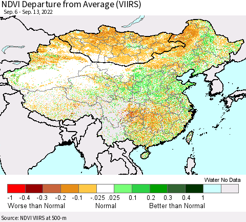 China, Mongolia and Taiwan NDVI Departure from Average (VIIRS) Thematic Map For 9/6/2022 - 9/13/2022