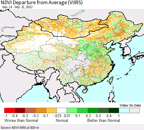 China, Mongolia and Taiwan NDVI Departure from Average (VIIRS) Thematic Map For 9/14/2022 - 9/21/2022
