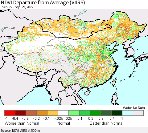 China, Mongolia and Taiwan NDVI Departure from Average (VIIRS) Thematic Map For 9/22/2022 - 9/29/2022