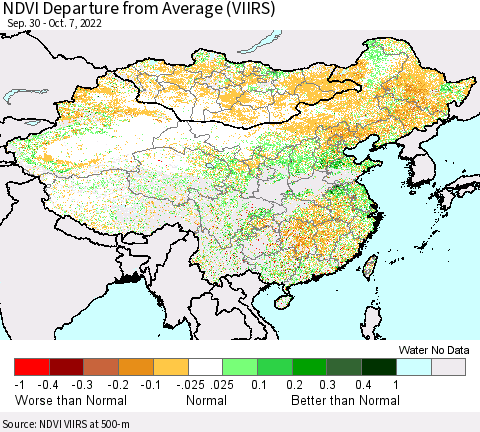 China, Mongolia and Taiwan NDVI Departure from Average (VIIRS) Thematic Map For 9/30/2022 - 10/7/2022