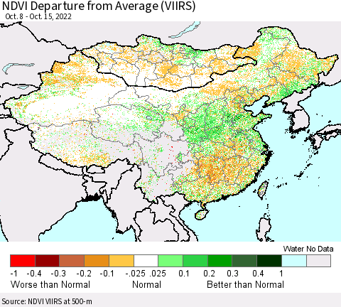 China, Mongolia and Taiwan NDVI Departure from Average (VIIRS) Thematic Map For 10/8/2022 - 10/15/2022