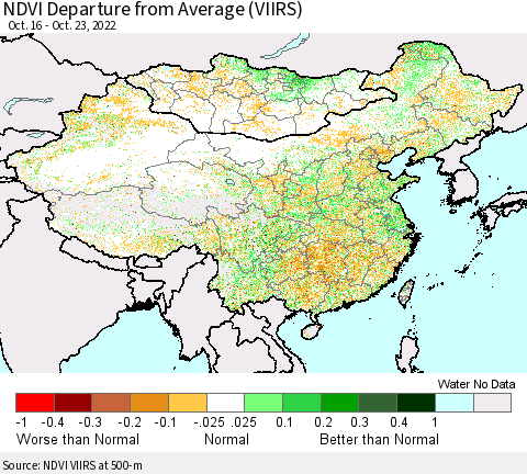 China, Mongolia and Taiwan NDVI Departure from Average (VIIRS) Thematic Map For 10/16/2022 - 10/23/2022