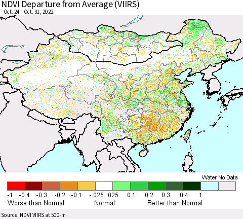 China, Mongolia and Taiwan NDVI Departure from Average (VIIRS) Thematic Map For 10/24/2022 - 10/31/2022