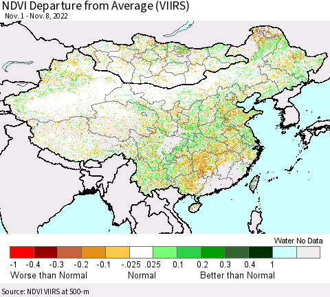 China, Mongolia and Taiwan NDVI Departure from Average (VIIRS) Thematic Map For 11/1/2022 - 11/8/2022