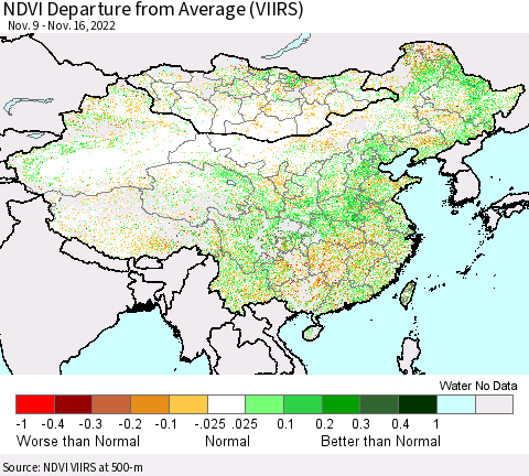 China, Mongolia and Taiwan NDVI Departure from Average (VIIRS) Thematic Map For 11/9/2022 - 11/16/2022