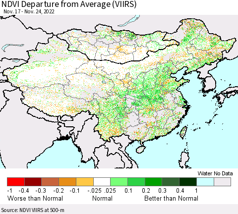 China, Mongolia and Taiwan NDVI Departure from Average (VIIRS) Thematic Map For 11/17/2022 - 11/24/2022