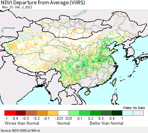 China, Mongolia and Taiwan NDVI Departure from Average (VIIRS) Thematic Map For 11/25/2022 - 12/2/2022
