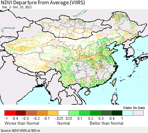 China, Mongolia and Taiwan NDVI Departure from Average (VIIRS) Thematic Map For 12/3/2022 - 12/10/2022