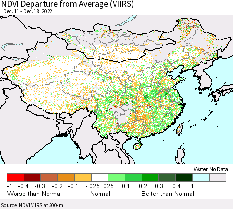 China, Mongolia and Taiwan NDVI Departure from Average (VIIRS) Thematic Map For 12/11/2022 - 12/18/2022