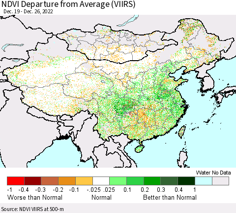 China, Mongolia and Taiwan NDVI Departure from Average (VIIRS) Thematic Map For 12/19/2022 - 12/26/2022