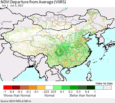 China, Mongolia and Taiwan NDVI Departure from Average (VIIRS) Thematic Map For 1/1/2023 - 1/8/2023