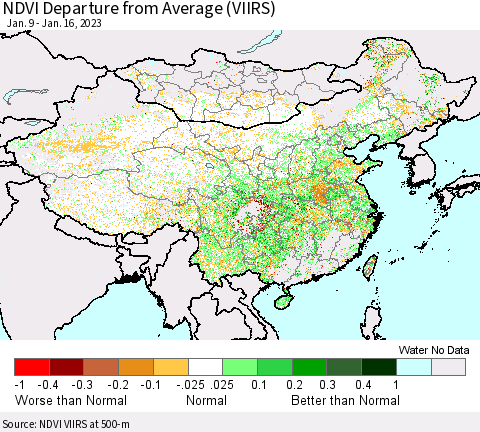 China, Mongolia and Taiwan NDVI Departure from Average (VIIRS) Thematic Map For 1/9/2023 - 1/16/2023