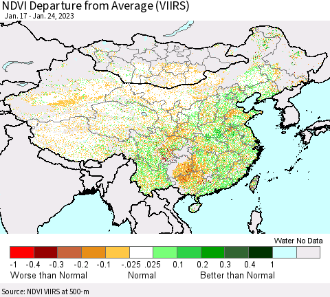 China, Mongolia and Taiwan NDVI Departure from Average (VIIRS) Thematic Map For 1/17/2023 - 1/24/2023