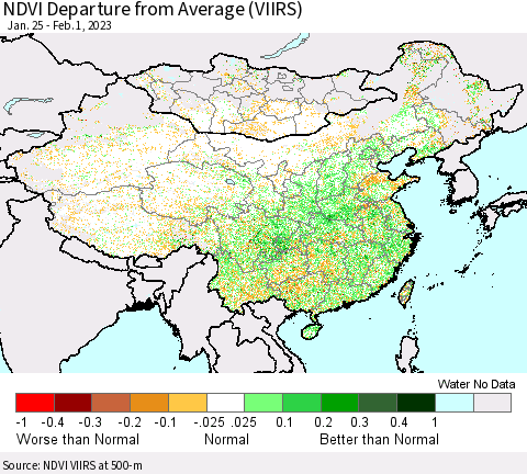 China, Mongolia and Taiwan NDVI Departure from Average (VIIRS) Thematic Map For 1/25/2023 - 2/1/2023