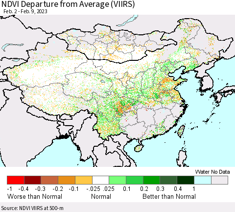 China, Mongolia and Taiwan NDVI Departure from Average (VIIRS) Thematic Map For 2/2/2023 - 2/9/2023