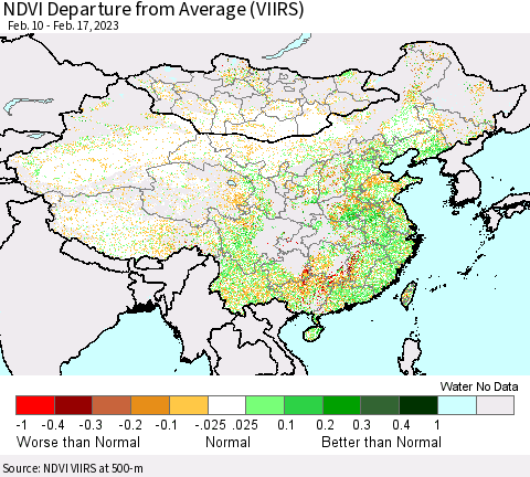 China, Mongolia and Taiwan NDVI Departure from Average (VIIRS) Thematic Map For 2/10/2023 - 2/17/2023