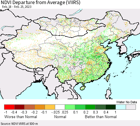 China, Mongolia and Taiwan NDVI Departure from Average (VIIRS) Thematic Map For 2/18/2023 - 2/25/2023