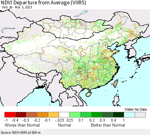 China, Mongolia and Taiwan NDVI Departure from Average (VIIRS) Thematic Map For 2/26/2023 - 3/5/2023