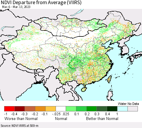 China, Mongolia and Taiwan NDVI Departure from Average (VIIRS) Thematic Map For 3/6/2023 - 3/13/2023