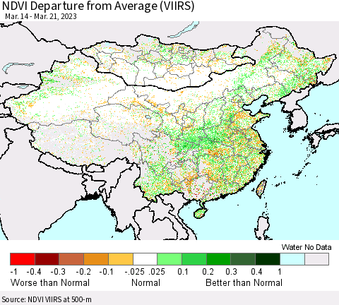 China, Mongolia and Taiwan NDVI Departure from Average (VIIRS) Thematic Map For 3/14/2023 - 3/21/2023