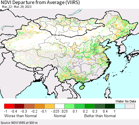 China, Mongolia and Taiwan NDVI Departure from Average (VIIRS) Thematic Map For 3/22/2023 - 3/29/2023