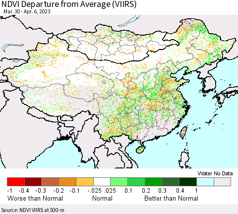 China, Mongolia and Taiwan NDVI Departure from Average (VIIRS) Thematic Map For 3/30/2023 - 4/6/2023