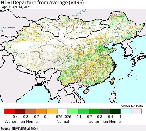 China, Mongolia and Taiwan NDVI Departure from Average (VIIRS) Thematic Map For 4/7/2023 - 4/14/2023
