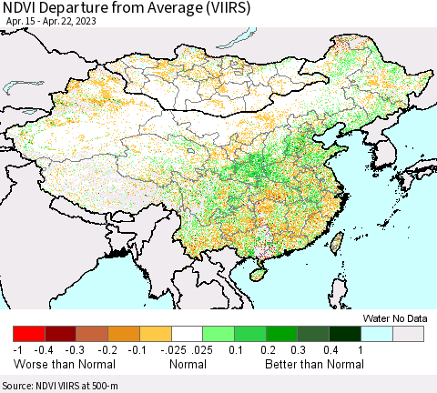 China, Mongolia and Taiwan NDVI Departure from Average (VIIRS) Thematic Map For 4/15/2023 - 4/22/2023