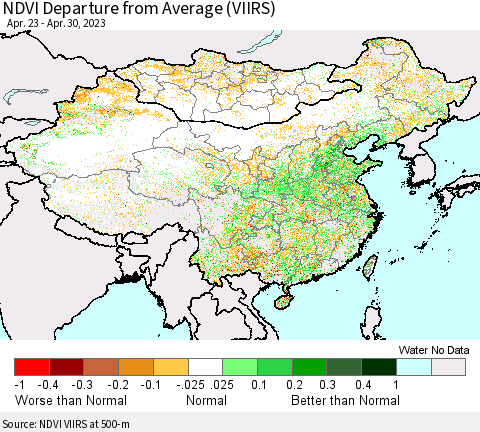 China, Mongolia and Taiwan NDVI Departure from Average (VIIRS) Thematic Map For 4/23/2023 - 4/30/2023