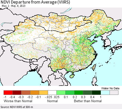 China, Mongolia and Taiwan NDVI Departure from Average (VIIRS) Thematic Map For 5/1/2023 - 5/8/2023