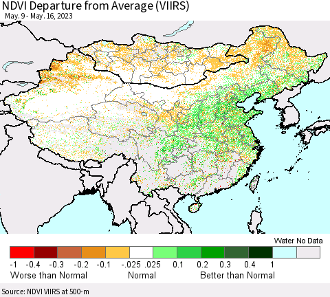 China, Mongolia and Taiwan NDVI Departure from Average (VIIRS) Thematic Map For 5/9/2023 - 5/16/2023