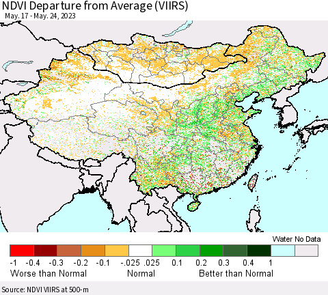China, Mongolia and Taiwan NDVI Departure from Average (VIIRS) Thematic Map For 5/17/2023 - 5/24/2023