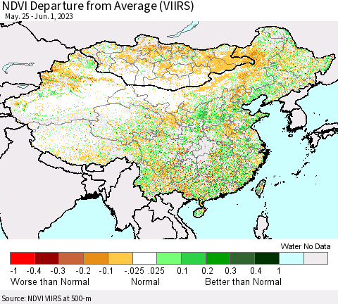 China, Mongolia and Taiwan NDVI Departure from Average (VIIRS) Thematic Map For 5/25/2023 - 6/1/2023