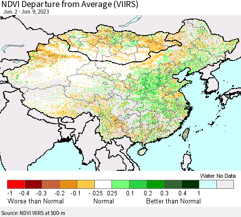 China, Mongolia and Taiwan NDVI Departure from Average (VIIRS) Thematic Map For 6/2/2023 - 6/9/2023