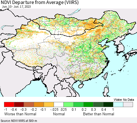 China, Mongolia and Taiwan NDVI Departure from Average (VIIRS) Thematic Map For 6/10/2023 - 6/17/2023