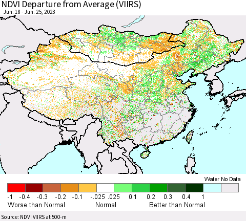 China, Mongolia and Taiwan NDVI Departure from Average (VIIRS) Thematic Map For 6/18/2023 - 6/25/2023