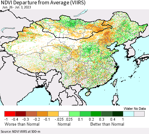 China, Mongolia and Taiwan NDVI Departure from Average (VIIRS) Thematic Map For 6/26/2023 - 7/3/2023