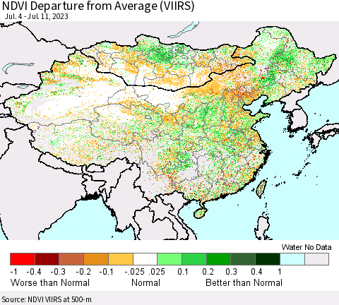 China, Mongolia and Taiwan NDVI Departure from Average (VIIRS) Thematic Map For 7/4/2023 - 7/11/2023