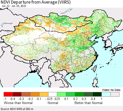China, Mongolia and Taiwan NDVI Departure from Average (VIIRS) Thematic Map For 7/12/2023 - 7/19/2023