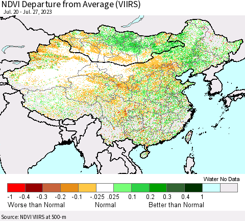 China, Mongolia and Taiwan NDVI Departure from Average (VIIRS) Thematic Map For 7/20/2023 - 7/27/2023