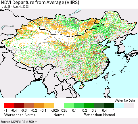 China, Mongolia and Taiwan NDVI Departure from Average (VIIRS) Thematic Map For 7/28/2023 - 8/4/2023