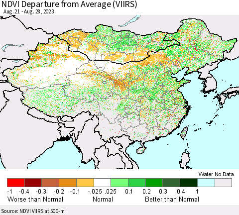 China, Mongolia and Taiwan NDVI Departure from Average (VIIRS) Thematic Map For 8/21/2023 - 8/28/2023