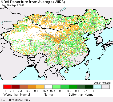 China, Mongolia and Taiwan NDVI Departure from Average (VIIRS) Thematic Map For 8/29/2023 - 9/5/2023