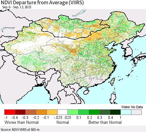 China, Mongolia and Taiwan NDVI Departure from Average (VIIRS) Thematic Map For 9/6/2023 - 9/13/2023