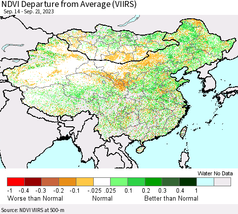 China, Mongolia and Taiwan NDVI Departure from Average (VIIRS) Thematic Map For 9/14/2023 - 9/21/2023