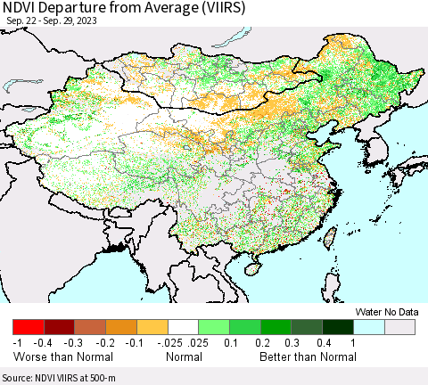 China, Mongolia and Taiwan NDVI Departure from Average (VIIRS) Thematic Map For 9/22/2023 - 9/29/2023