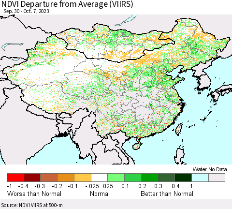 China, Mongolia and Taiwan NDVI Departure from Average (VIIRS) Thematic Map For 9/30/2023 - 10/7/2023