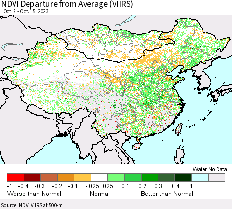 China, Mongolia and Taiwan NDVI Departure from Average (VIIRS) Thematic Map For 10/8/2023 - 10/15/2023