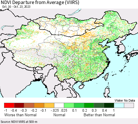 China, Mongolia and Taiwan NDVI Departure from Average (VIIRS) Thematic Map For 10/16/2023 - 10/23/2023